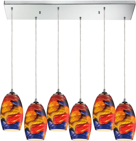 Surrealist 6 Light Pendant In Polished Chrome and Multicolor Glass