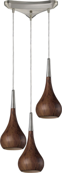 Lindsey 3 Light Pendant In Burl Wood and Satin Nickel