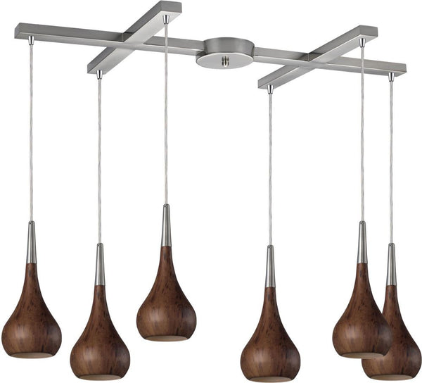 Lindsey 6 Light Pendant In Burl Wood and Satin Nickel