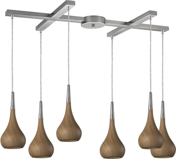 Lindsey 6 Light Pendant In Medium Oak and Satin Nickel