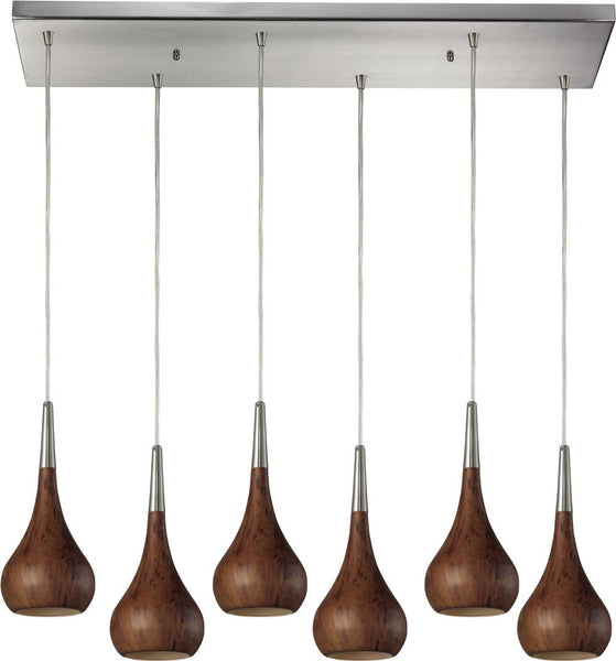 Lindsey 6 Light Pendant In Burl Wood and Satin Nickel