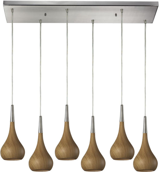Lindsey 6 Light Pendant In Medium Oak and Satin Nickel