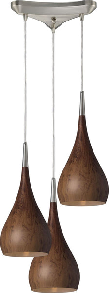 Lindsey 3 Light Pendant In Burl Wood and Satin Nickel