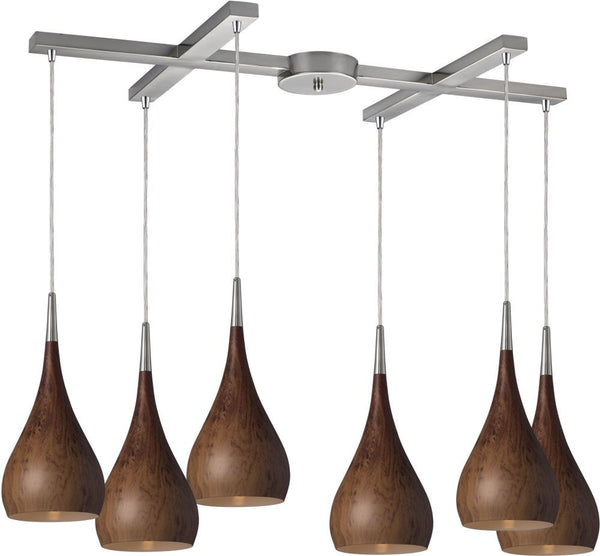 Lindsey 6 Light Pendant In Burl Wood and Satin Nickel