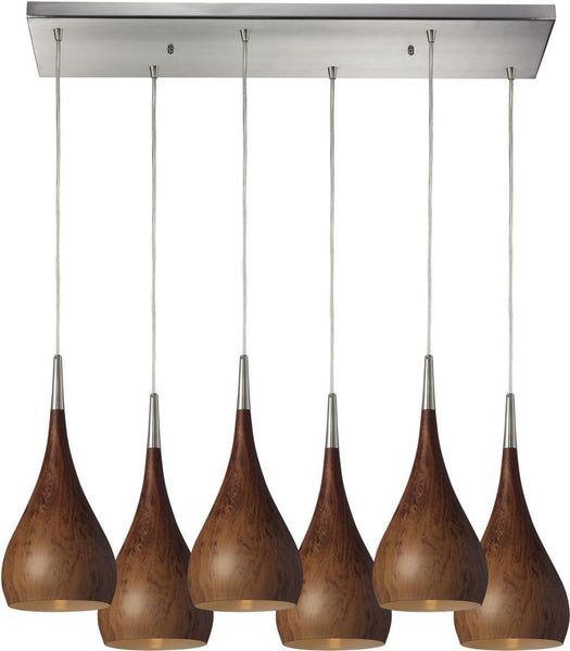 Lindsey 6 Light Pendant In Burl Wood and Satin Nickel