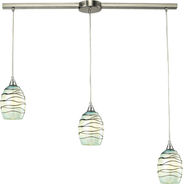 Vines 3 Light Pendant In Satin Nickel and Mint Glass