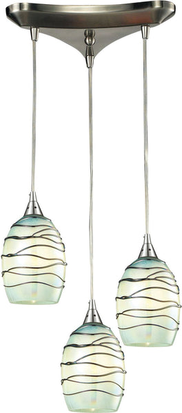 Vines 3 Light Pendant In Satin Nickel and Mint Glass