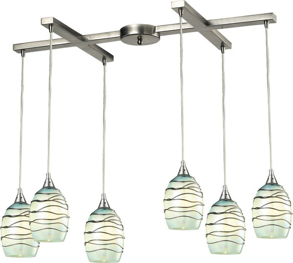 Vines 6 Light Pendant In Satin Nickel and Mint Glass