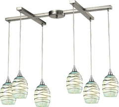 Vines 6 Light Pendant In Satin Nickel and Mint Glass