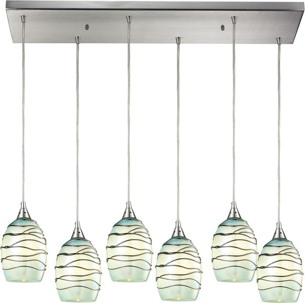 Vines 6 Light Pendant In Satin Nickel and Mint Glass