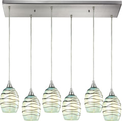 Vines 6 Light Pendant In Satin Nickel and Mint Glass