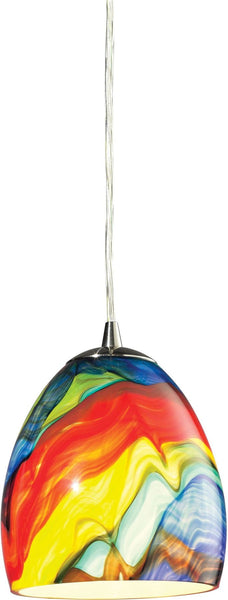 Colorwave 1 Light Pendant In Satin Nickel and Rainbow Streak Glass