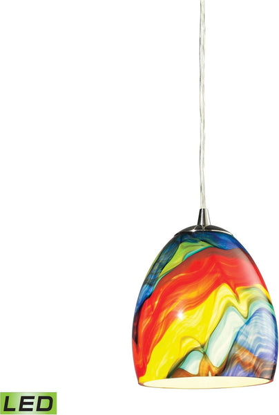 Colorwave 1 Light Led Pendant In Satin Nickel and Rainbow Streak Glass