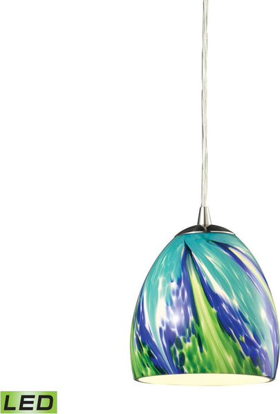 Colorwave 1 Light Led Pendant In Satin Nickel and Tropics Glass
