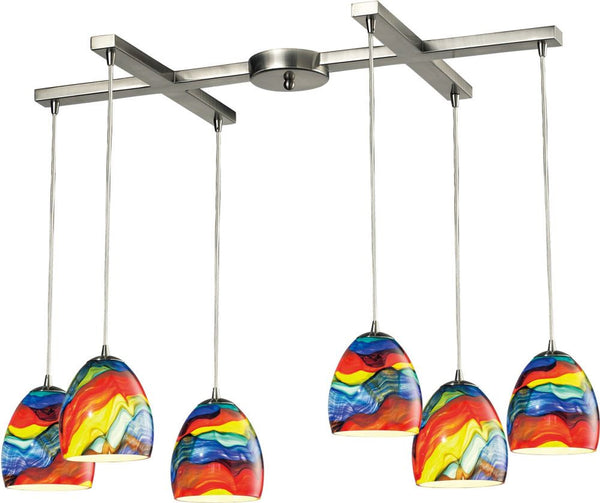 Colorwave 6 Light Pendant In Satin Nickel and Rainbow Streak Glass