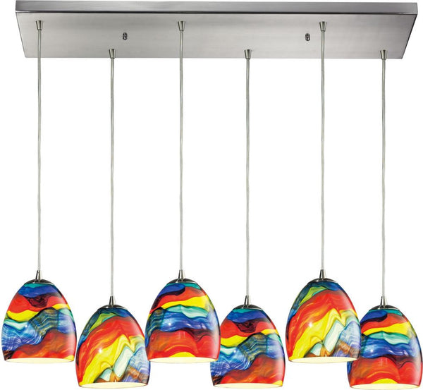 Colorwave 6 Light Pendant In Satin Nickel and Rainbow Streak Glass