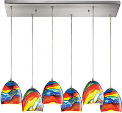 Colorwave 6 Light Pendant In Satin Nickel and Rainbow Streak Glass