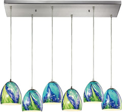 Colorwave 6 Light Pendant In Satin Nickel and Tropics Glass