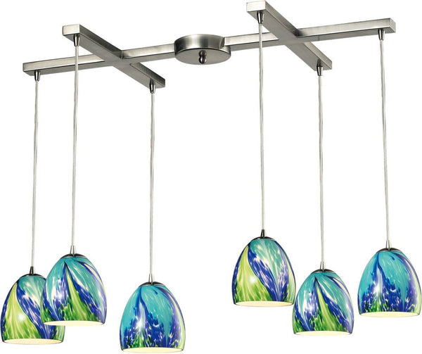 Colorwave 6 Light Pendant In Satin Nickel and Tropics Glass