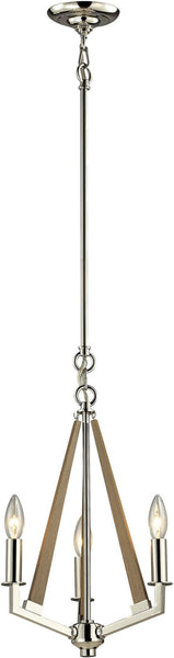 Madera 3 Light Chandelier In Polished Nickel and Natural Wood