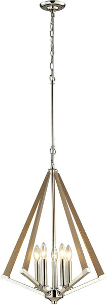 Madera 5 Light Pendant In Polished Nickel and Natural Wood