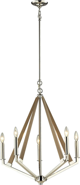 Madera 5 Light Chandelier In Polished Nickel and Natural Wood