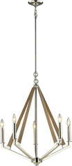 Madera 5 Light Chandelier In Polished Nickel and Natural Wood