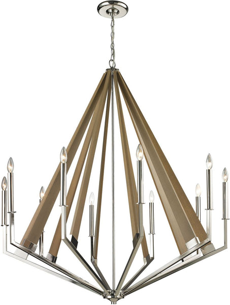 Madera 10 Light Chandelier In Polished Nickel and Natural Wood