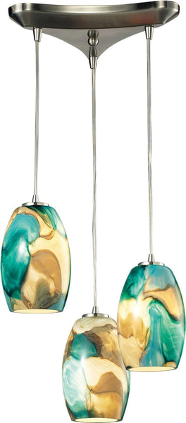 Surreal 3 Light Pendant In Satin Nickel With Cream and Green Glass