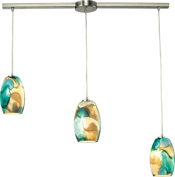 Surreal 3 Light Pendant In Satin Nickel With Cream and Green Glass