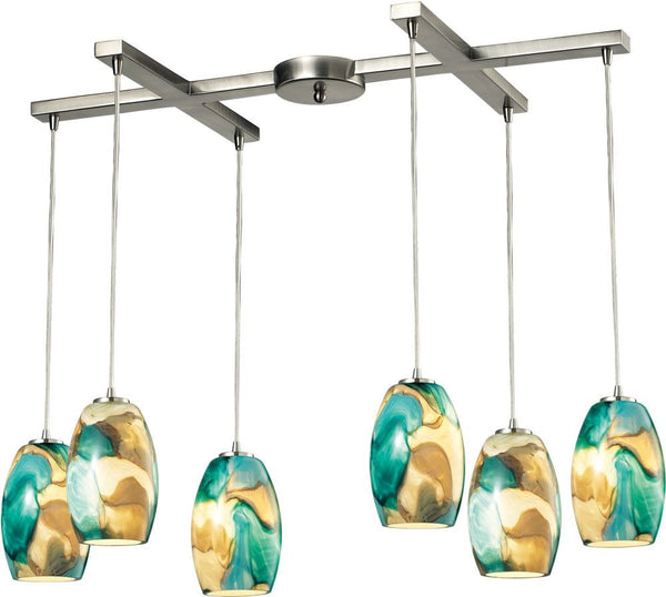 Surreal 6 Light Pendant In Satin Nickel With Cream and Green Glass