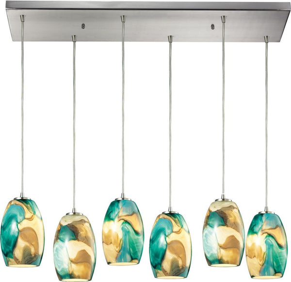 Surreal 6 Light Pendant In Satin Nickel With Cream and Green Glass