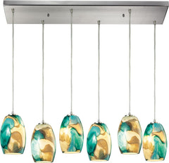 Surreal 6 Light Pendant In Satin Nickel With Cream and Green Glass