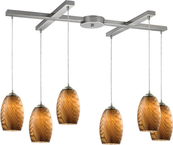 Tidewaters 6 Light Pendant In Satin Nickel and Seagrass