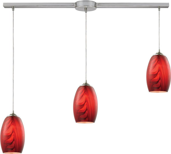 Tidewaters 3 Light Pendant In Satin Nickel and Ruby Glass