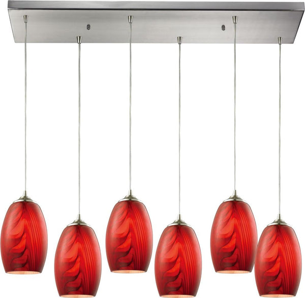 Tidewaters 6 Light Pendant In Satin Nickel and Ruby Glass