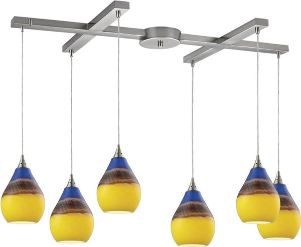 Dunes 6 Light Pendant In Satin Nickel and Sunscape Glass
