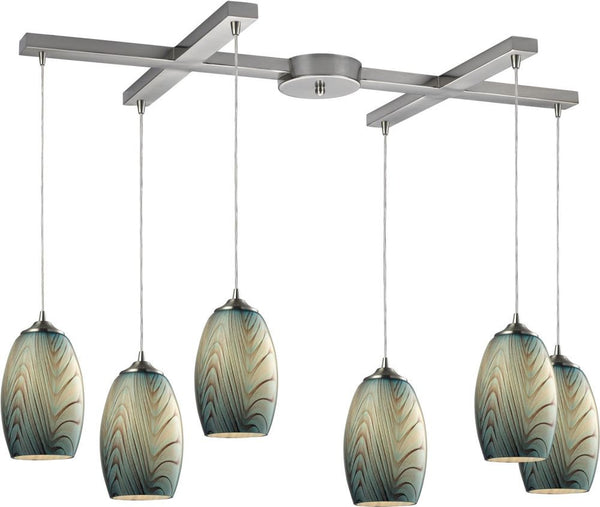 Tidewaters 6 Light Pendant In Satin Nickel and Seafoam Glass