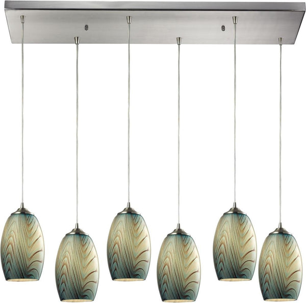 Tidewaters 6 Light Pendant In Satin Nickel and Seafoam Glass