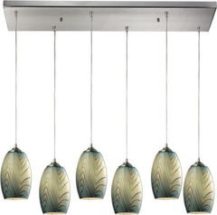 Tidewaters 6 Light Pendant In Satin Nickel and Seafoam Glass