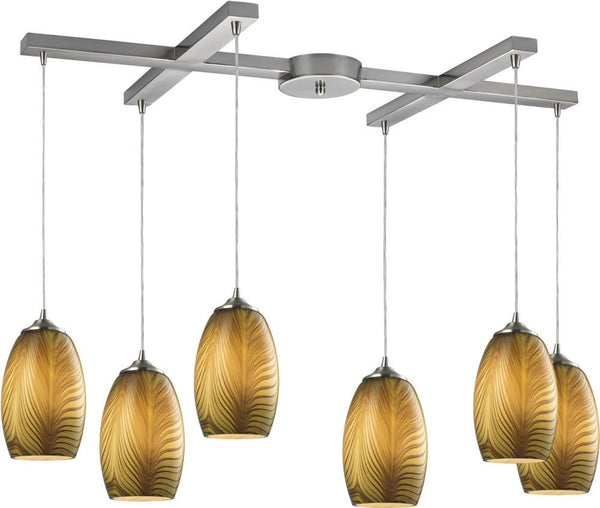 Tidewaters 6 Light Pendant In Satin Nickel and Amber Glass