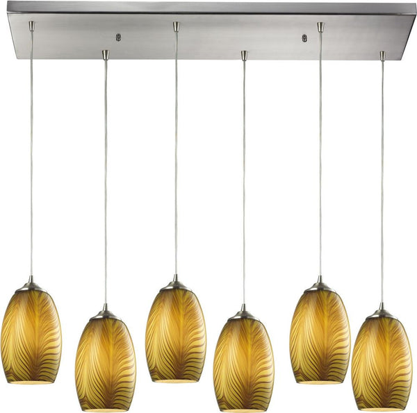 Tidewaters 6 Light Pendant In Satin Nickel and Amber Glass