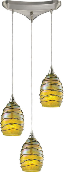 Vines 3 Light Pendant In Satin Nickel and Charteuse Glass