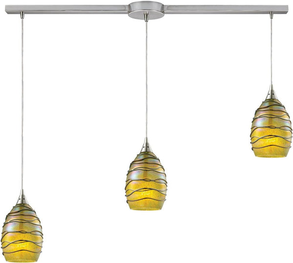 Vines 3 Light Pendant In Satin Nickel and Charteuse Glass