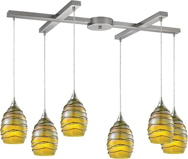Vines 6 Light Pendant In Satin Nickel and Charteuse Glass