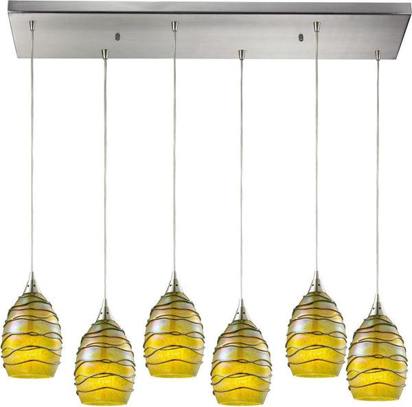 Vines 6 Light Pendant In Satin Nickel and Charteuse Glass