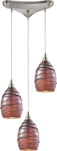 Vines 3 Light Pendant In Satin Nickel and Rhubarb Glass