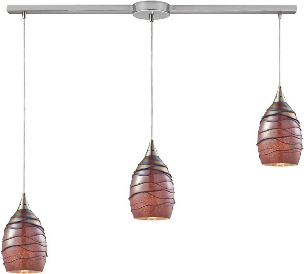Vines 3 Light Pendant In Satin Nickel and Rhubarb Glass