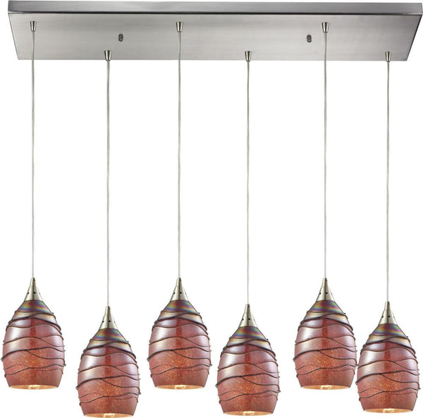 Vines 6 Light Pendant In Satin Nickel and Rhubarb Glass