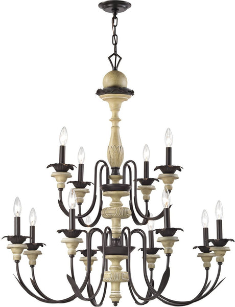 Channery Point 12 Light Chandelier In Aged Cream and Oil Rubbed Bronze